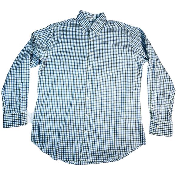Peter Millar Long Sleeve Button Front Shirt L Blue White Check Plaid 100% Cotton - Picture 1 of 8